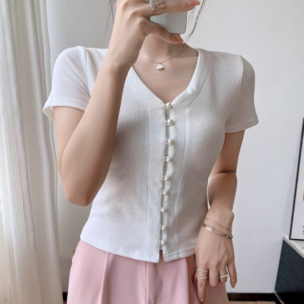 Pearl V-neck T-shirt short sleeve short tops for women