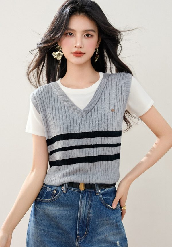 Stripe knitted tops short sleeve bottoming shirt